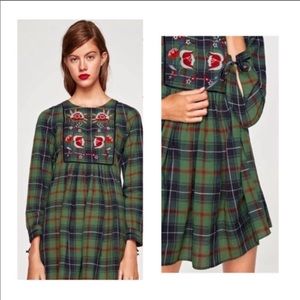 Zara XS Tunic Dress Green Plaid Floral Embroidered